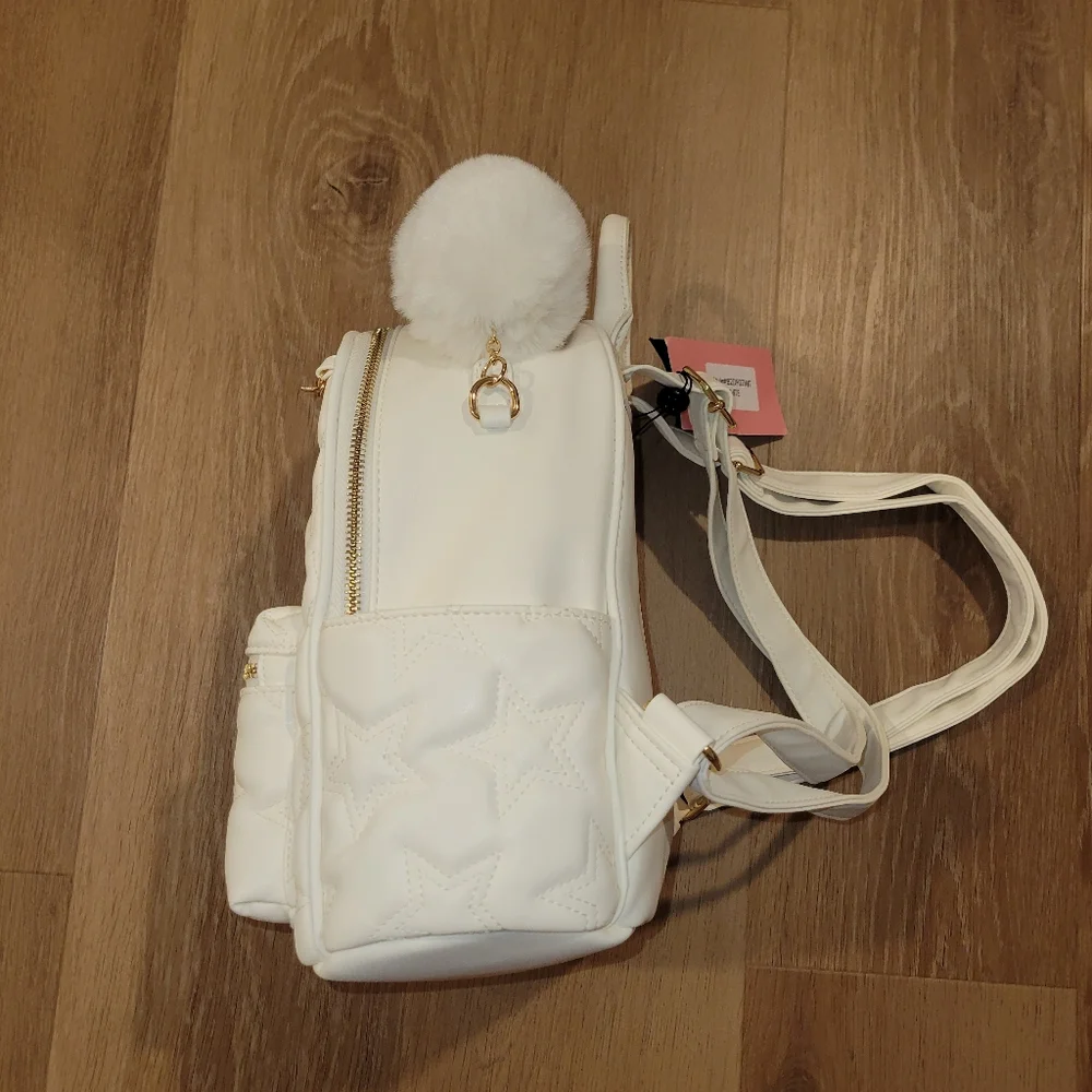 Like Dreams Quilted Stars and Moon Small White Backpack With Pom Pom New